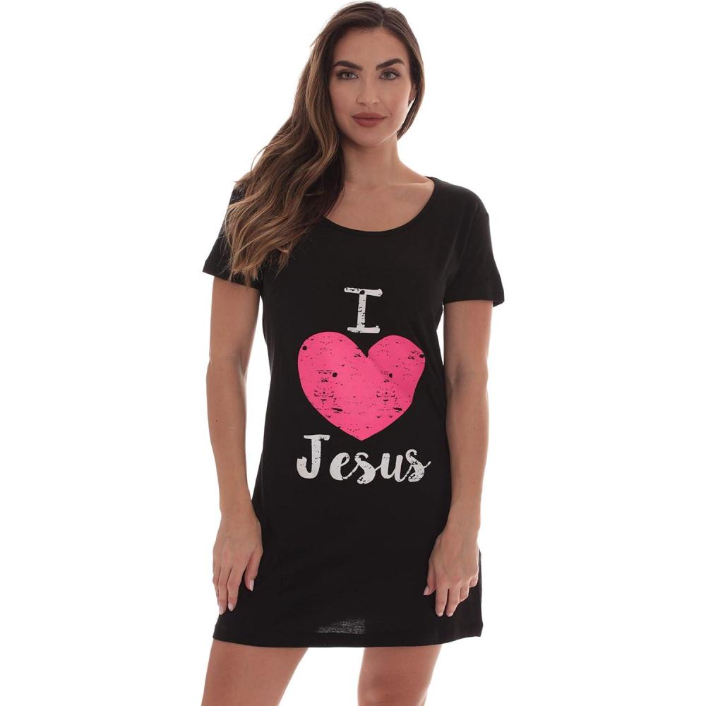 imageJust Love 100 Cotton Sleep Dress Night Shirt for Women with Religious SayingsBlack I Love Jesus
