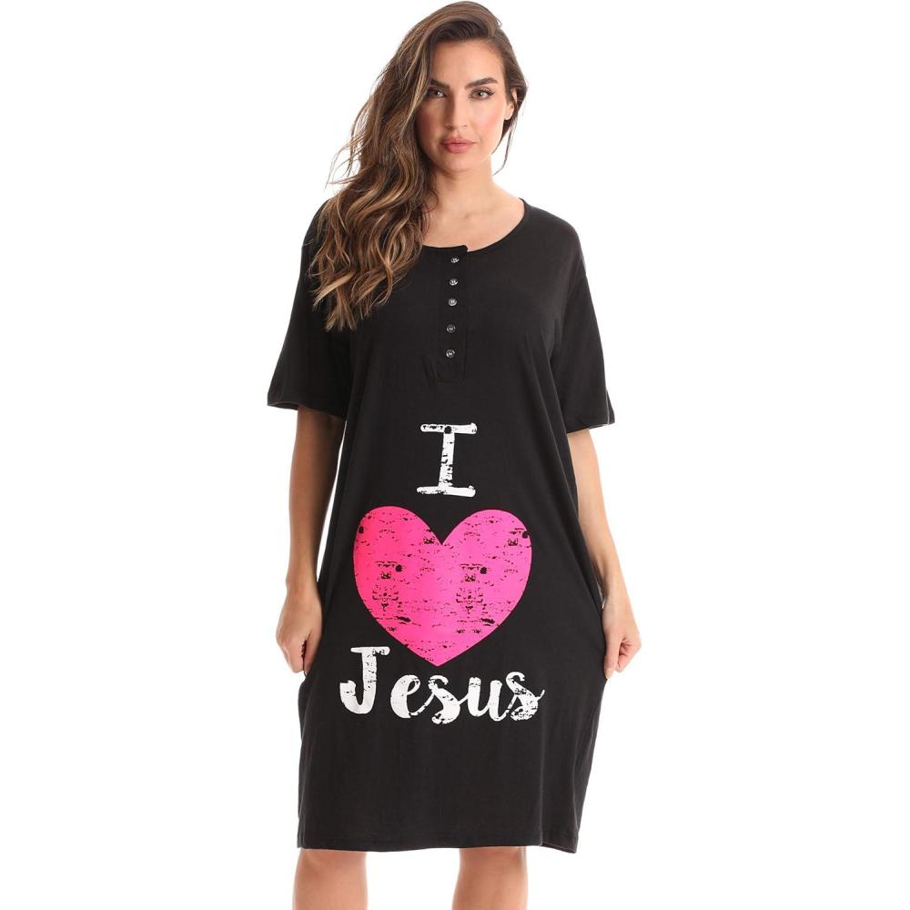 imageJust Love Short Sleeve Nightgown Sleep Dress for Women SleepwearBlack I Love Jesus
