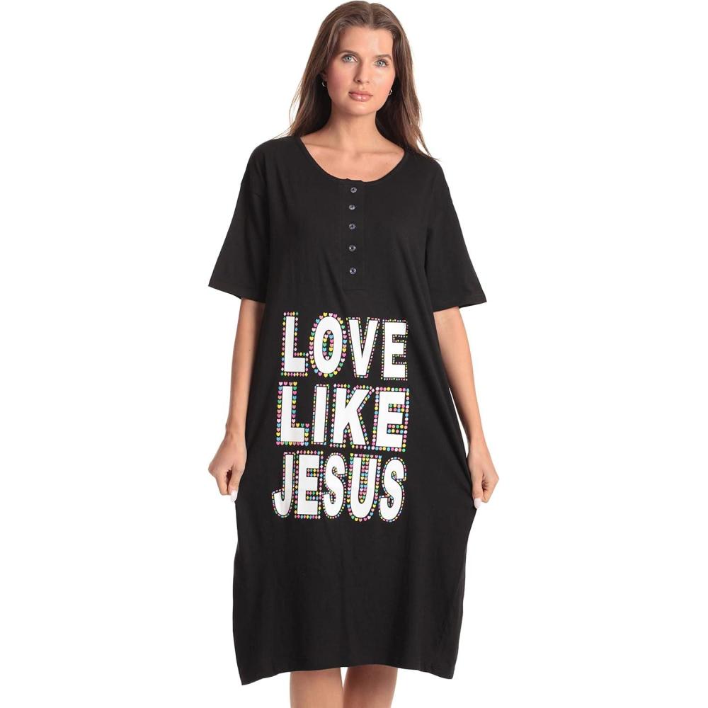 imageJust Love Short Sleeve Nightgown Sleep Dress for Women SleepwearBlack Love Like Jesus