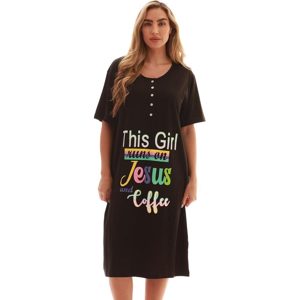imageJust Love Short Sleeve Nightgown Sleep Dress for Women SleepwearBlack Runs on Jesus and Coffee