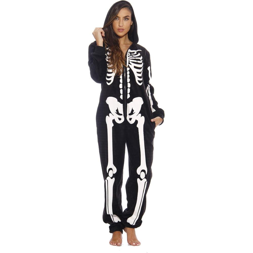 imageJust Love Skeleton Onesie Halloween Costumes for Women Adult Comfortable Fleece Fabric with Cozy HoodedBlack
