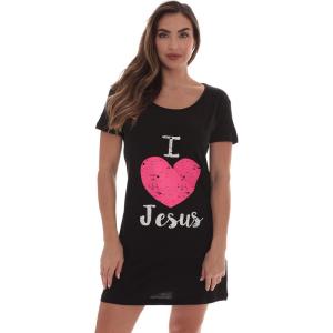 Just Love 100% Cotton Sleep Dress Night Shirt for Women with Religious Sayings(Black – I Love Jesus)