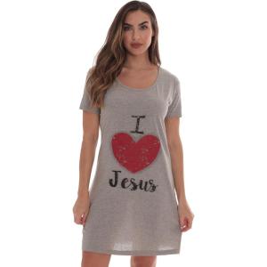 Just Love 100% Cotton Sleep Dress Night Shirt for Women with Religious Sayings(Grey – I Love Jesus)