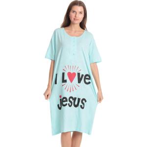 Just Love Short Sleeve Nightgown Sleep Dress for Women Sleepwear(Aqua – I Love Jesus)