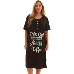Just Love Short Sleeve Nightgown Sleep Dress for Women Sleepwear(Black – Runs on Jesus and Coffee)
