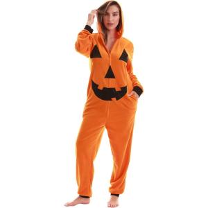 Just Love Skeleton Onesie Halloween Costumes for Women Adult – Comfortable Fleece Fabric with Cozy Hooded(Pumpkin)