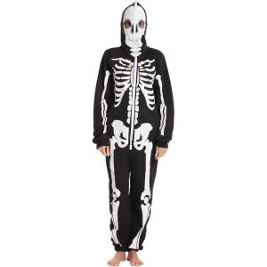Just Love Skeleton Onesie Halloween Costumes for Women Adult – Comfortable Fleece Fabric with Cozy Hooded(Skeleton Front and Back Print)