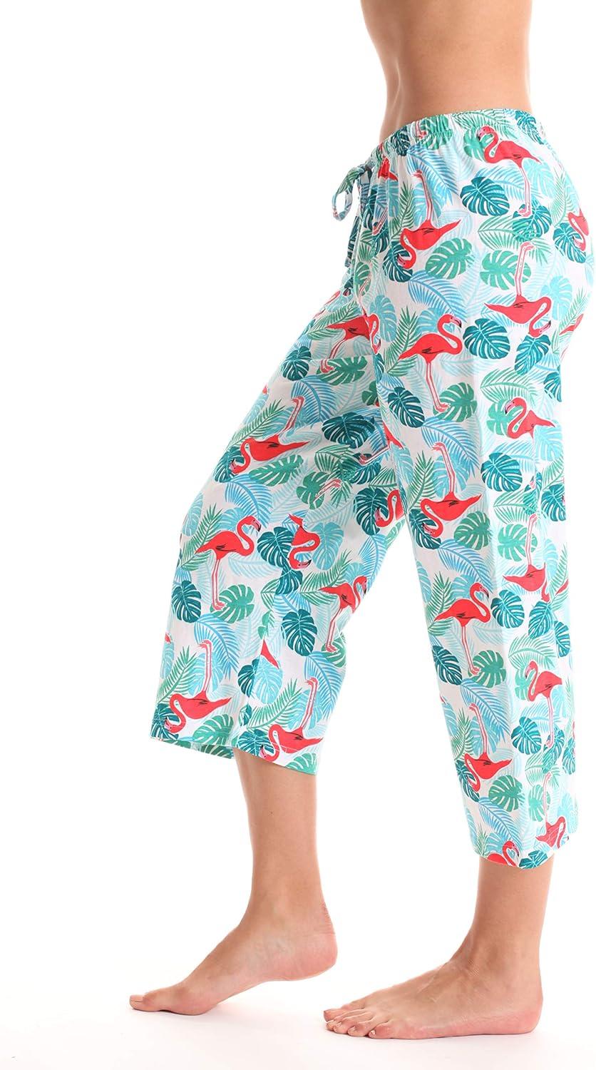 imageJust Love 100 Cotton Women Pajama Capri Pants SleepwearWhite Tropical Flamingos