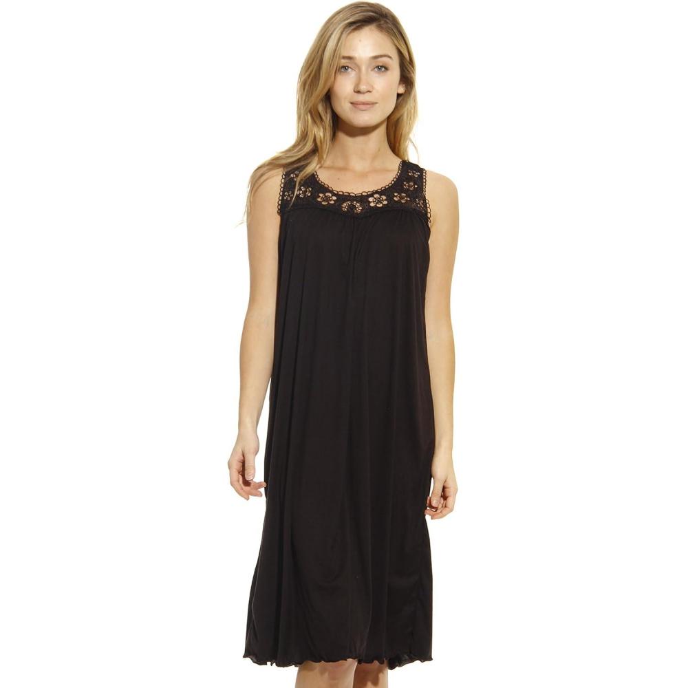 imageDreamcrest Silky Soft Nightgown Crochet Trim Sleep Dress 1541BBlack