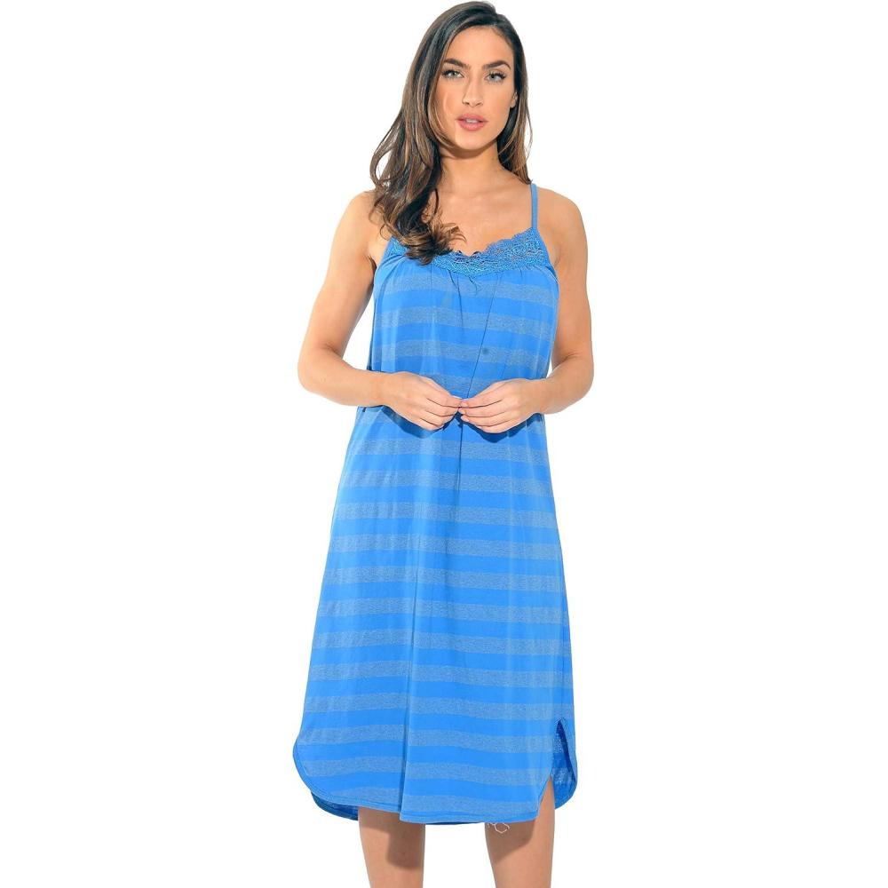 imageJust Love 100 Cotton Spaghetti Strap Stripe Womens Nightgown with Lace TrimRoyal Stripe