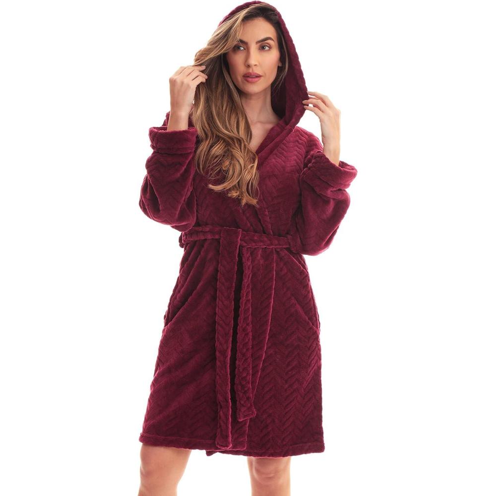 imageJust Love Kimono Robe Chevron Texture Fleece Hooded Bath Robes for WomenBurgundy With Hood