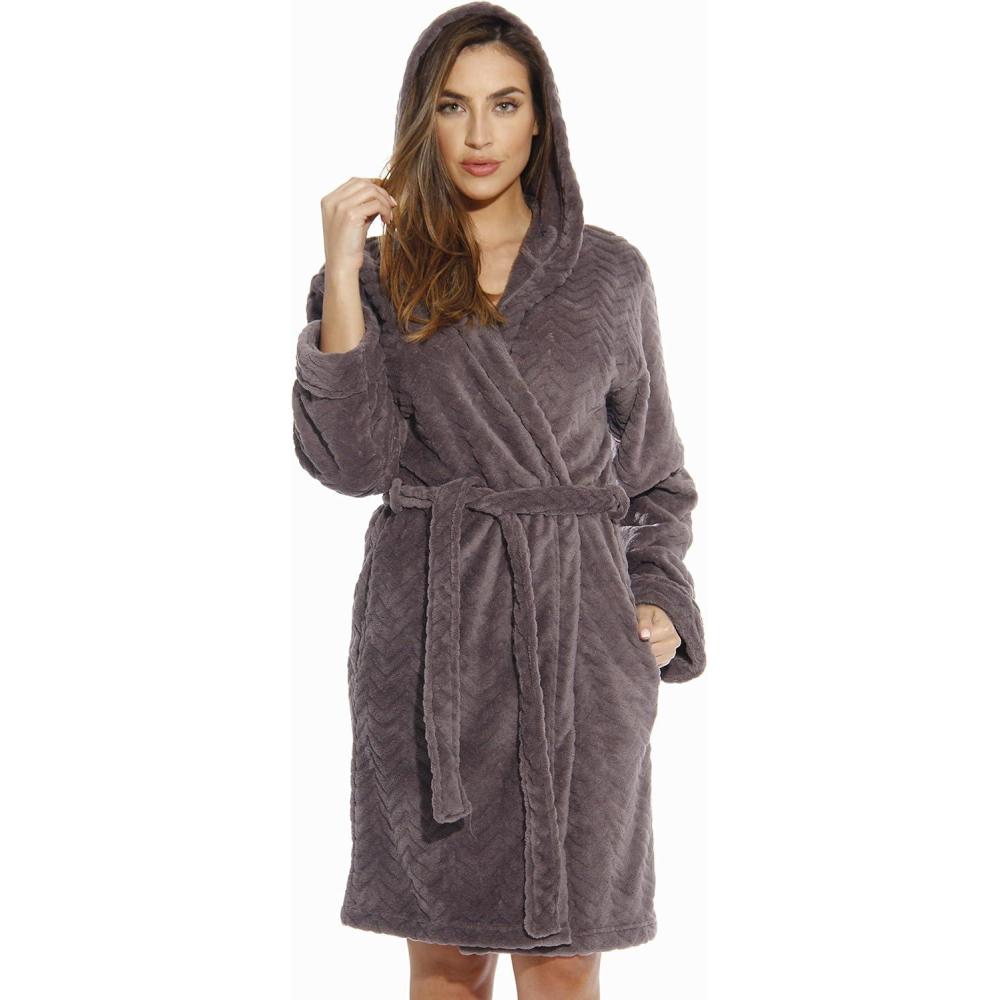 imageJust Love Kimono Robe Chevron Texture Fleece Hooded Bath Robes for WomenCharcoal With Hood