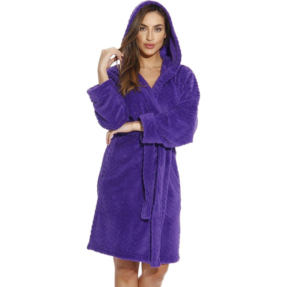 imageJust Love Kimono Robe Chevron Texture Fleece Hooded Bath Robes for WomenPurple With Hood