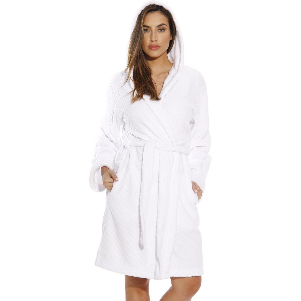 imageJust Love Kimono Robe Chevron Texture Fleece Hooded Bath Robes for WomenWhite With Hood