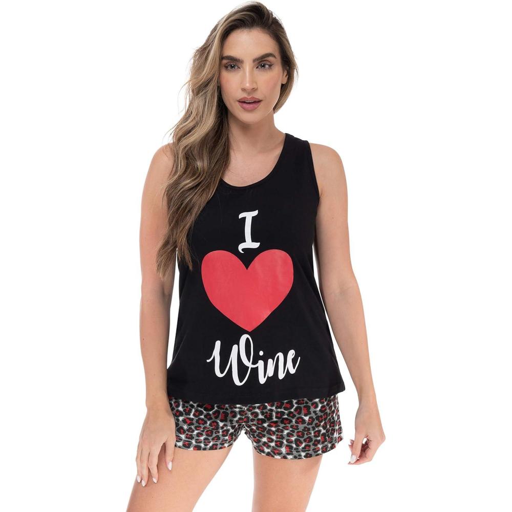 imageJust Love Sets Woman PajamasBlack  Heart Wine Leopard