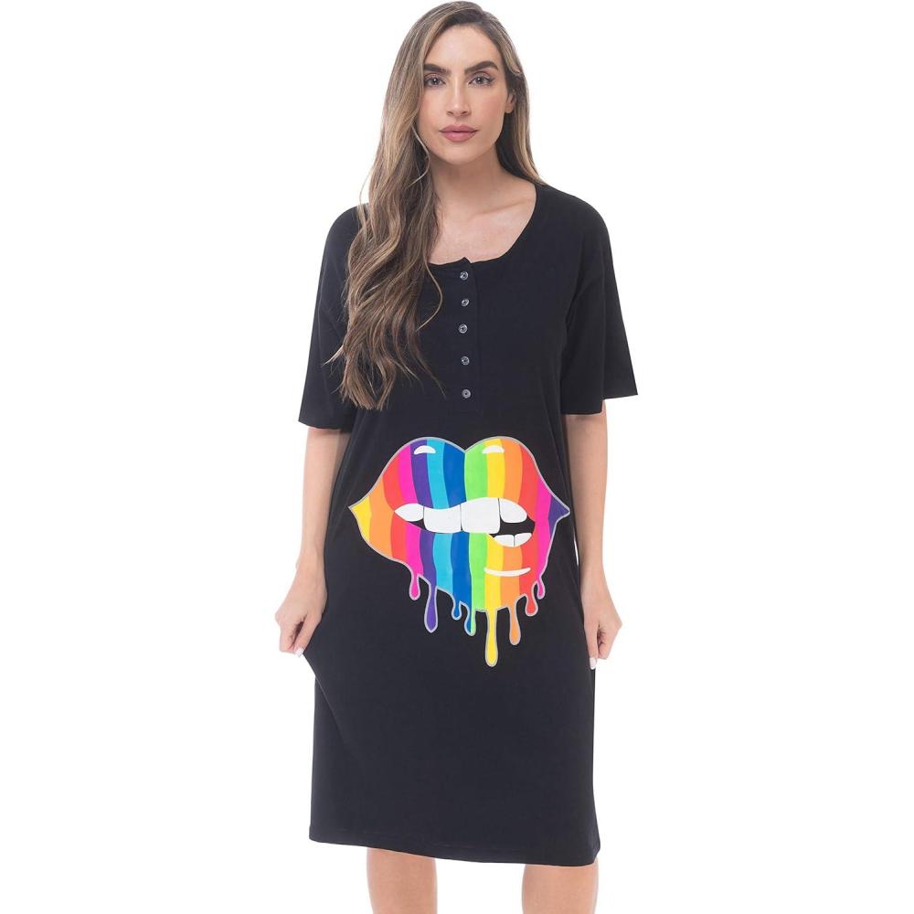 imageJust Love Short Sleeve Nightgown Sleep Dress for WomenBlack Rainbow Lips