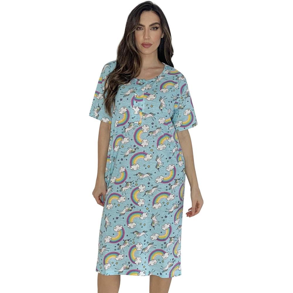 imageJust Love Short Sleeve Nightgown Sleep Dress for WomenBlue Unicorns and Rainbows