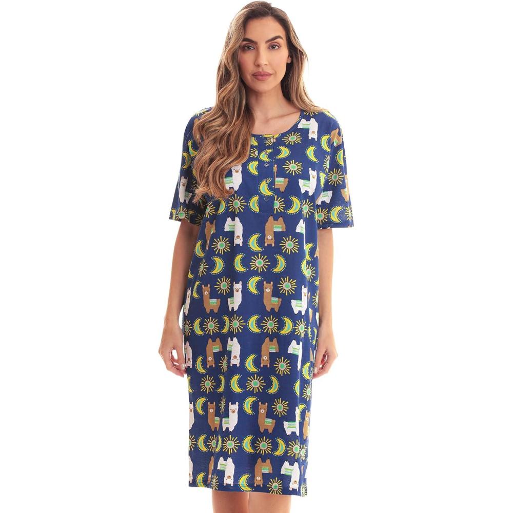 imageJust Love Short Sleeve Nightgown Sleep Dress for WomenNavy Llama Celestial