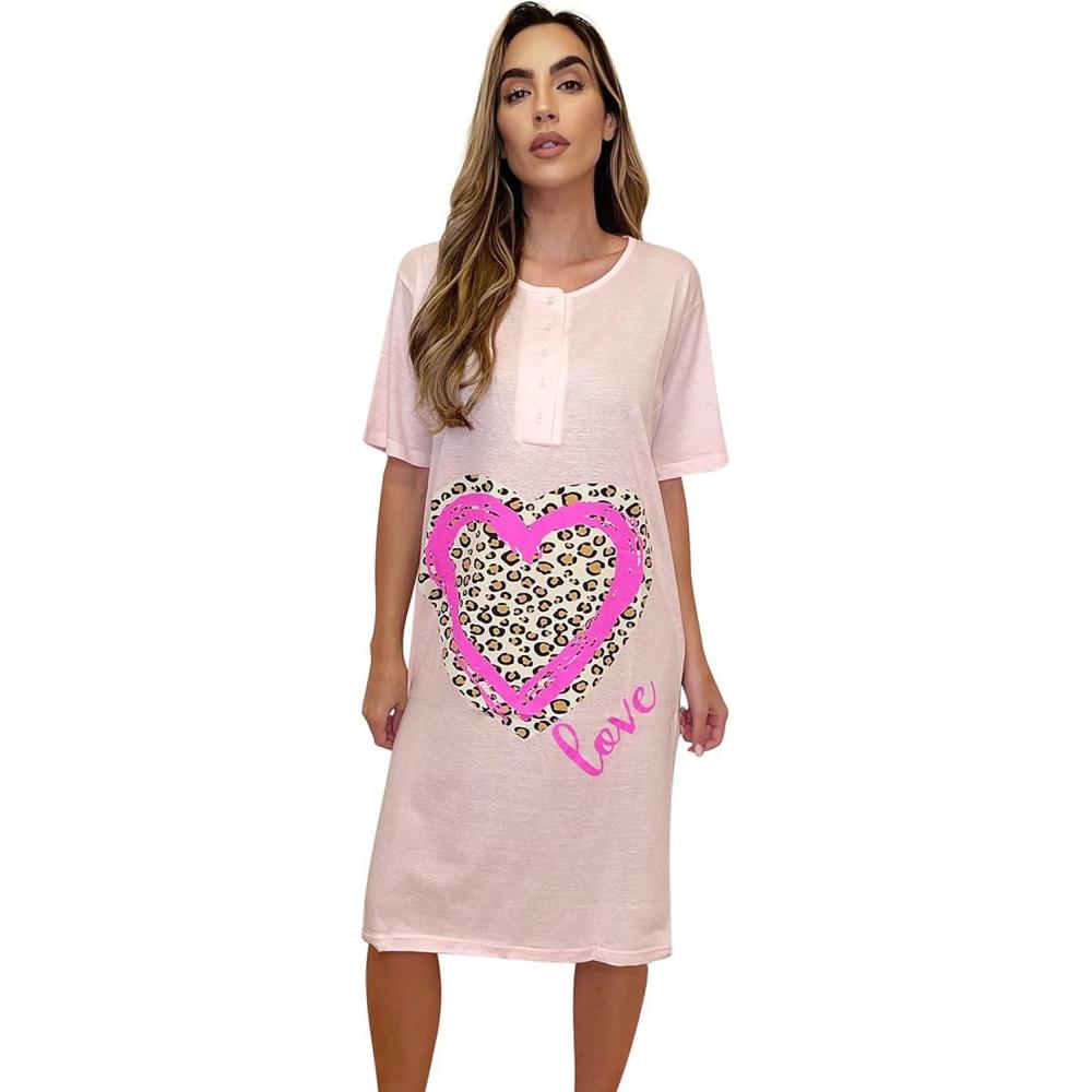 imageJust Love Short Sleeve Nightgown Sleep Dress for WomenPink Leopard Heart
