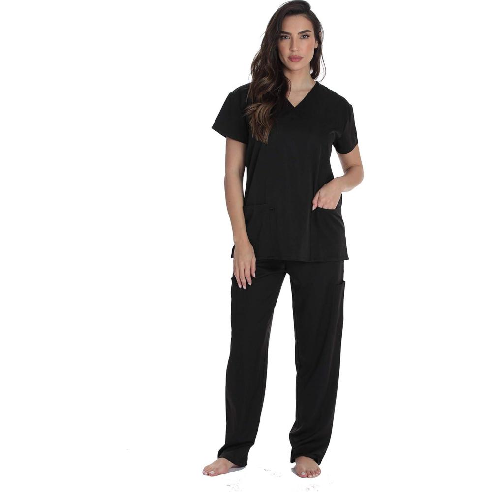 imageJust Love Solid Stretch Scrub Set for Women Stretchy Mock Wrap Top and Cargo PantsBlack Stretch Fabric