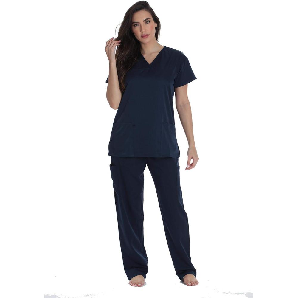 imageJust Love Solid Stretch Scrub Set for Women Stretchy Mock Wrap Top and Cargo PantsNavy Stretch Fabric