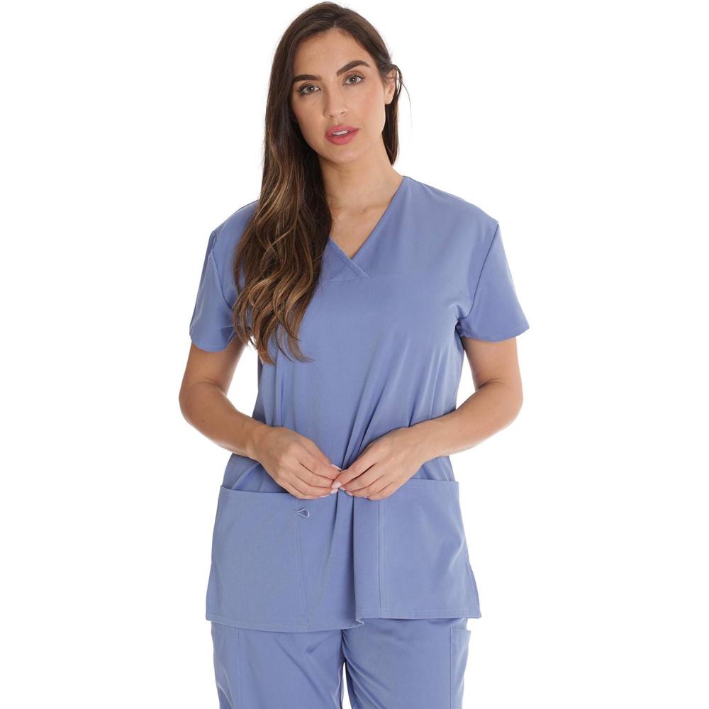 imageJust Love Solid Stretch Scrub Top for Women Mock Wrap Nursing ShirtCeil
