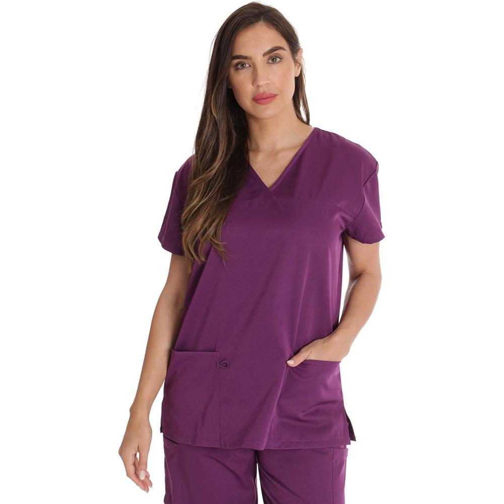 imageJust Love Solid Stretch Scrub Top for Women Mock Wrap Nursing ShirtEggplant