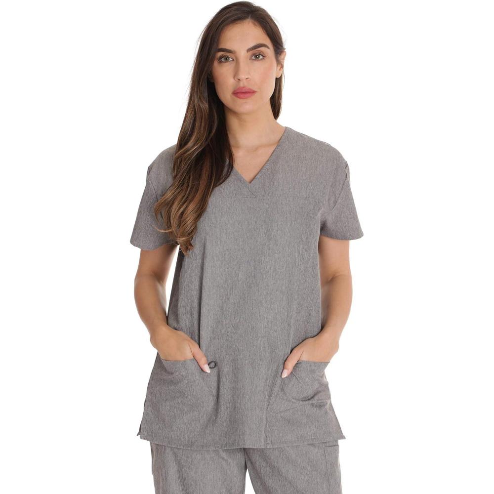 imageJust Love Solid Stretch Scrub Top for Women Mock Wrap Nursing ShirtHeather Grey