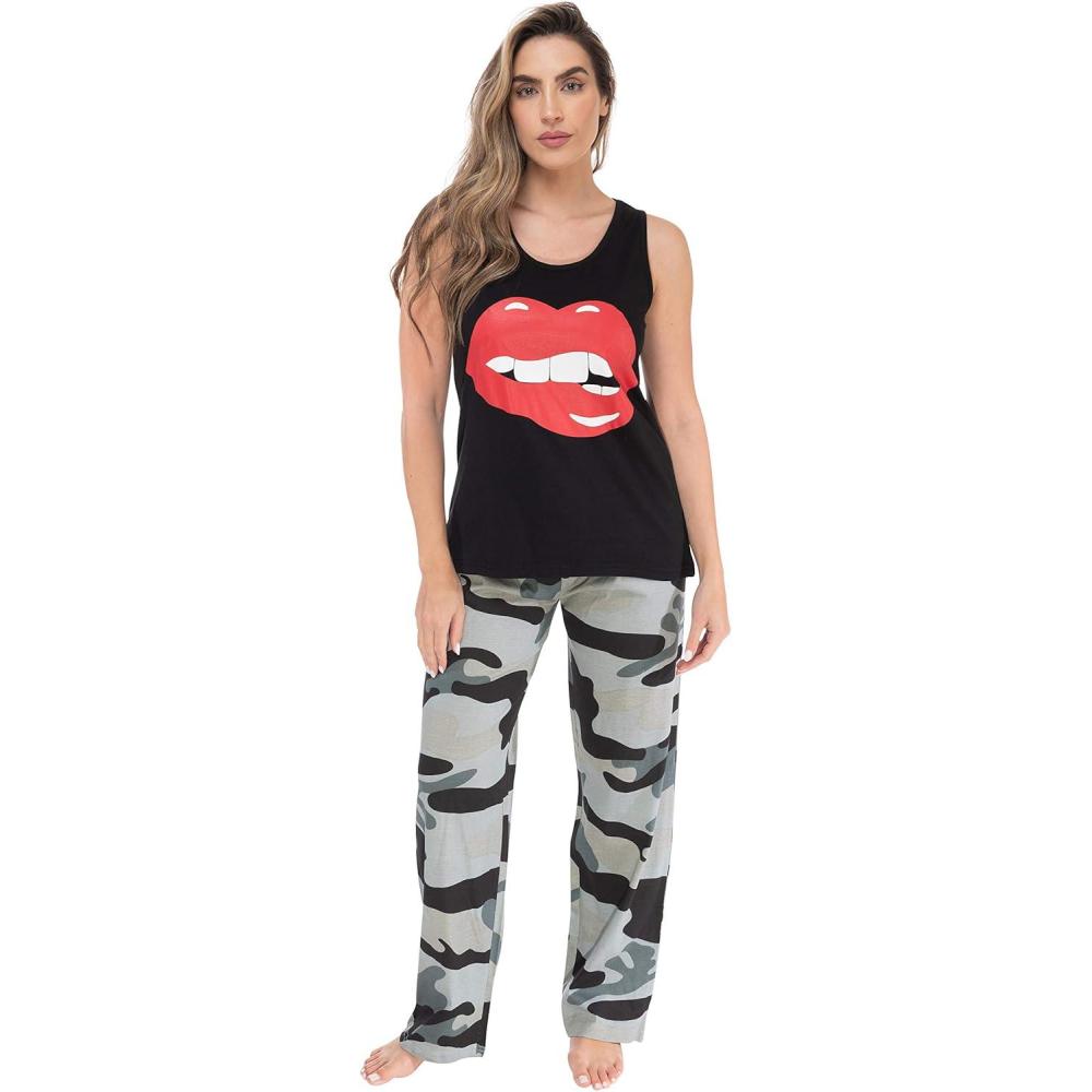 imageJust Love Womens Pajama Pant SetsBlack Red Lips