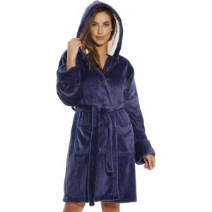 Just Love Hooded Velour Robe for Women with Sherpa Lined Hood(Navy With Sherpa Lined Hood)