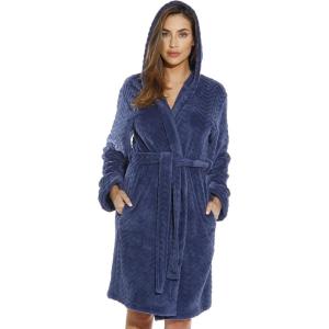 Just Love Kimono Robe Chevron Texture Fleece Hooded Bath Robes for Women(Navy With Hood)