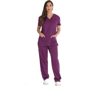 Just Love Solid Stretch Scrub Set for Women Stretchy Mock Wrap Top and Cargo Pants(Eggplant)