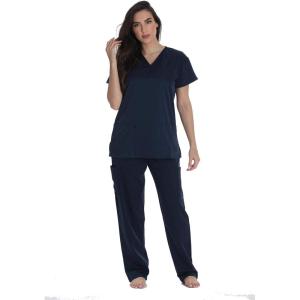 Just Love Solid Stretch Scrub Set for Women Stretchy Mock Wrap Top and Cargo Pants(Navy Stretch Fabric)
