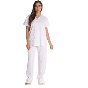 Just Love Solid Stretch Scrub Set for Women Stretchy Mock Wrap Top and Cargo Pants(White)