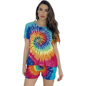 Just Love Tie Dye Shorts Set for Women(Tie Dye Bright Swirl Short Sleeve)