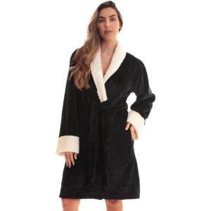 Just Love Velour Chevron Texture Bath Robes for Women(Black Sherpa)