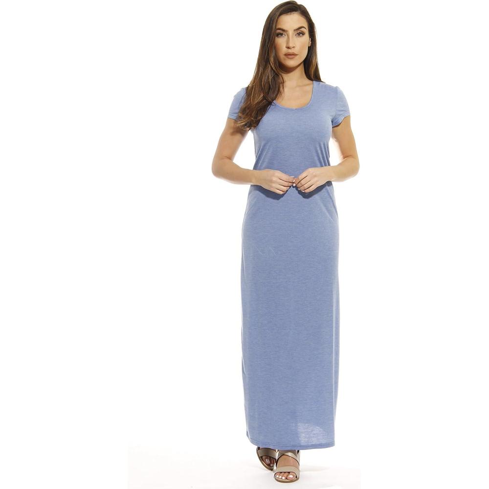imageJust Love Short Sleeve Heathered Knit Fabric Maxi Dress Summer DressesHeathered Chambray