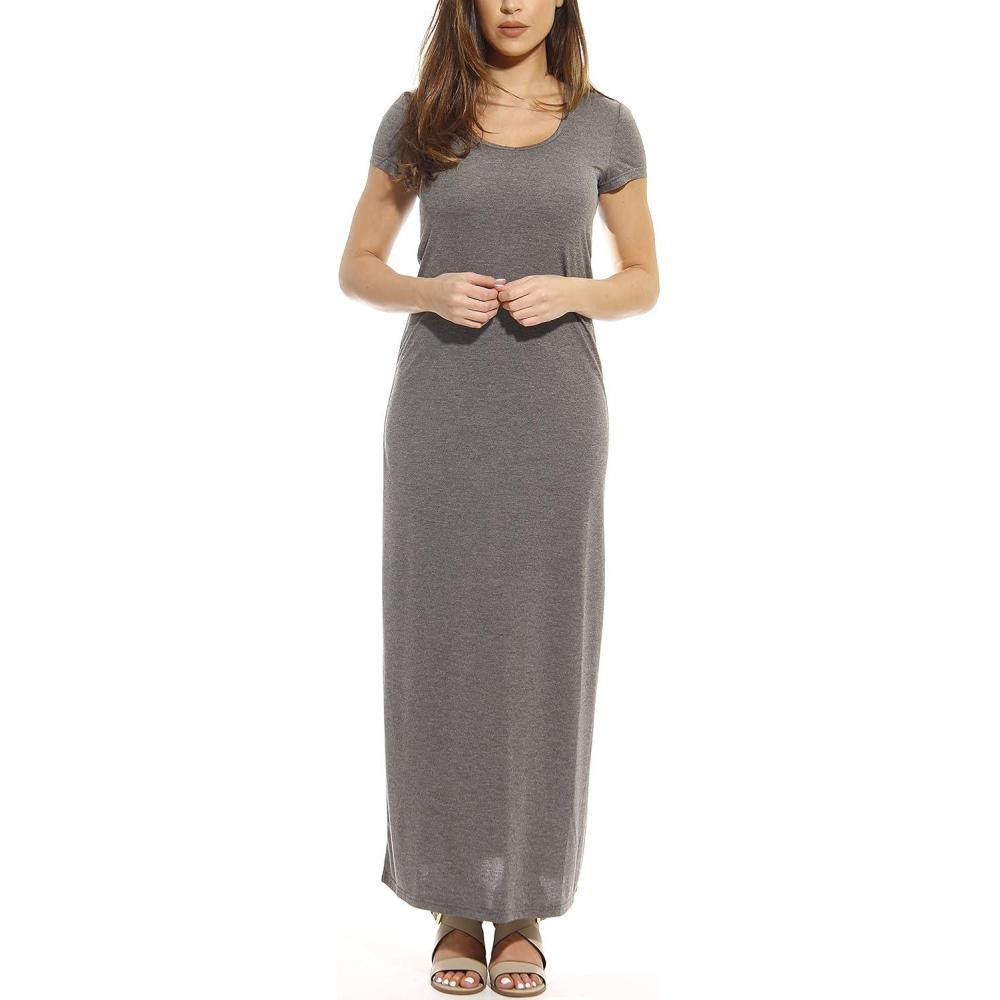 imageJust Love Short Sleeve Heathered Knit Fabric Maxi Dress Summer DressesHeathered Charcoal