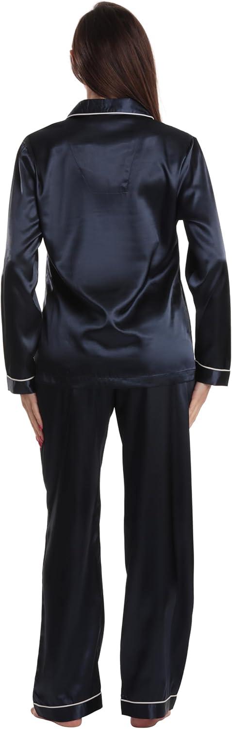 imageJust Love Satin Pajama Set for Women Long Sleeve Button Down Womens Pajama Sets Soft Loungewear amp Sleepwear Sizes S3XSatin Navy Stretch Fabric
