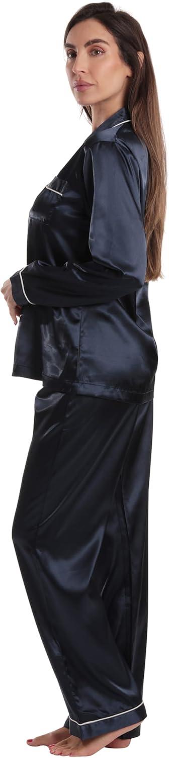 imageJust Love Satin Pajama Set for Women Long Sleeve Button Down Womens Pajama Sets Soft Loungewear amp Sleepwear Sizes S3XSatin Navy Stretch Fabric