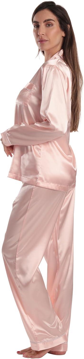 imageJust Love Satin Pajama Set for Women Long Sleeve Button Down Womens Pajama Sets Soft Loungewear amp Sleepwear Sizes S3XSatin Peachy Pink Stretch Fabric