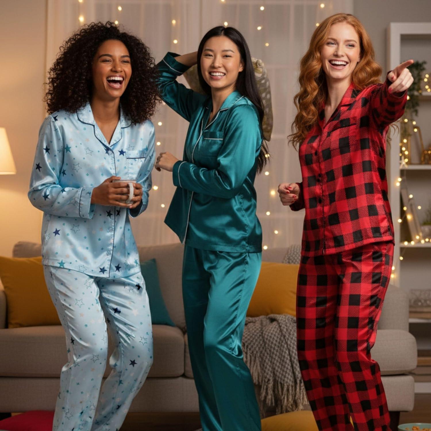 imageJust Love Satin Pajama Set for Women Long Sleeve Button Down Womens Pajama Sets Soft Loungewear amp Sleepwear Sizes S3XSatin Peacock Stretch Fabric