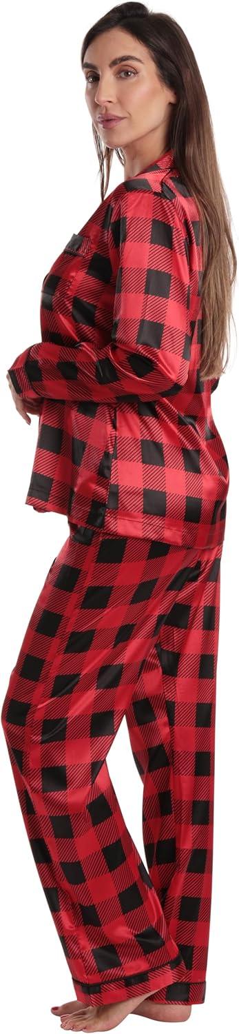 imageJust Love Satin Pajama Set for Women Long Sleeve Button Down Womens Pajama Sets Soft Loungewear amp Sleepwear Sizes S3XSatin Red Black Buffalo Plaid Stretch Fabric