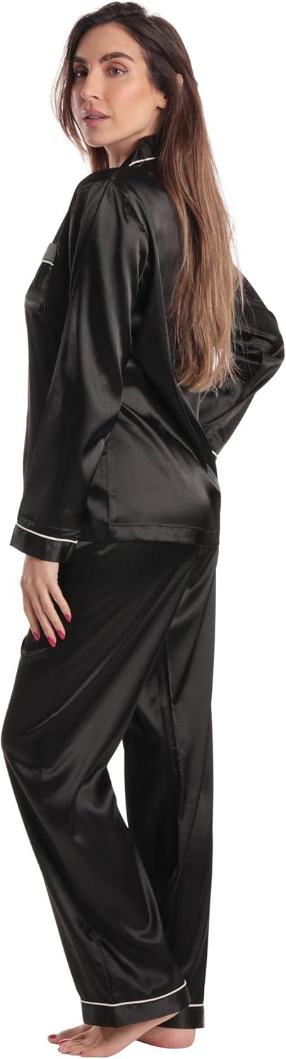 imageJust Love Satin Pajama Set for Women Long Sleeve Button Down Womens Pajama Sets Soft Loungewear amp Sleepwear Sizes S3XSatin Solid Black Stretch Fabric
