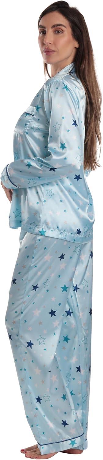 imageJust Love Satin Pajama Set for Women Long Sleeve Button Down Womens Pajama Sets Soft Loungewear amp Sleepwear Sizes S3XSatin Starzy Blue Stretch Fabric