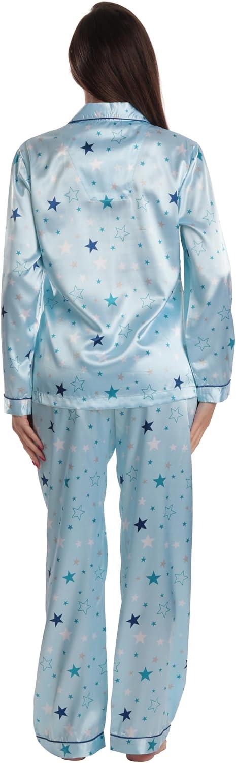 imageJust Love Satin Pajama Set for Women Long Sleeve Button Down Womens Pajama Sets Soft Loungewear amp Sleepwear Sizes S3XSatin Starzy Blue Stretch Fabric
