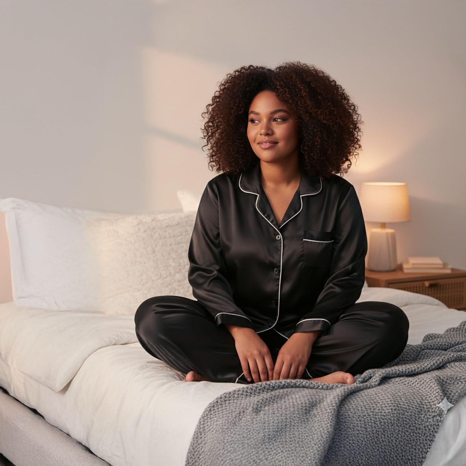 imageJust Love Satin Pajama Set for Women Long Sleeve Button Down Womens Pajama Sets Soft Loungewear amp Sleepwear Sizes S3XSatin Starzy Blue Stretch Fabric