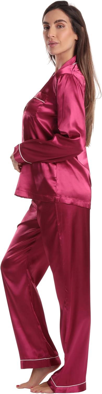 imageJust Love Satin Pajama Set for Women Long Sleeve Button Down Womens Pajama Sets Soft Loungewear amp Sleepwear Sizes S3XSatin Wine Stretch Fabric