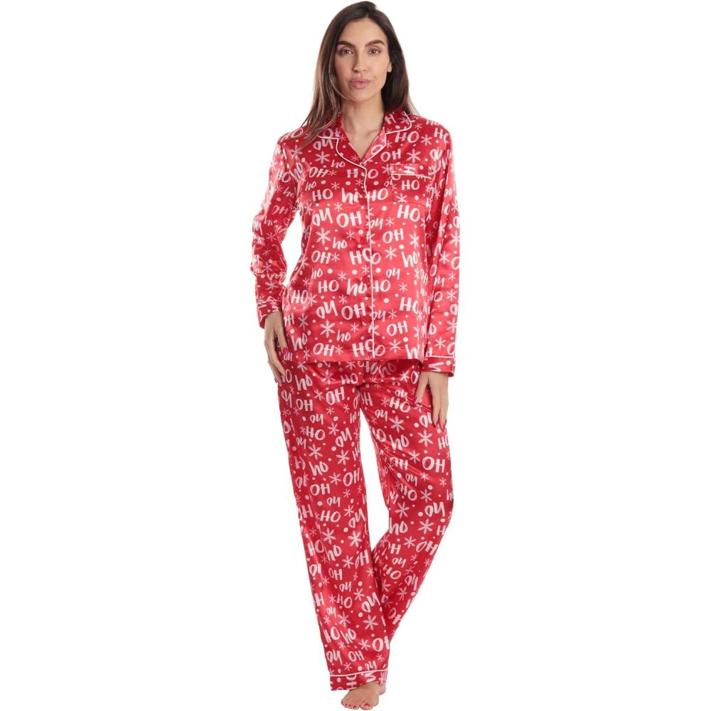imageJust Love Satin Pajama Set for Women Long Sleeve Button Down Womens Pajama Sets Soft Loungewear amp Sleepwear Sizes S3XSatin Ho Ho Ho Stretch Fabric