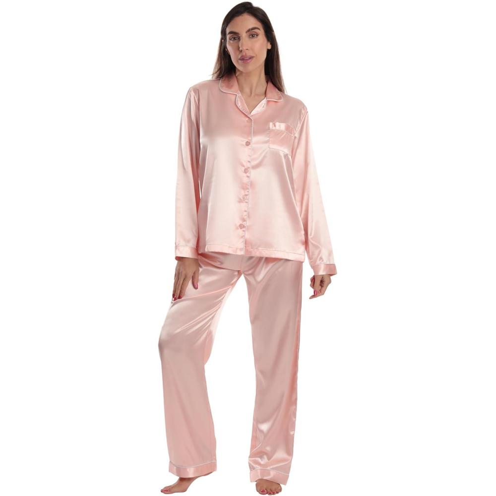 imageJust Love Satin Pajama Set for Women Long Sleeve Button Down Womens Pajama Sets Soft Loungewear amp Sleepwear Sizes S3XSatin Peachy Pink Stretch Fabric